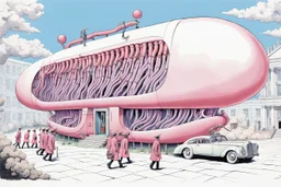 Album art by Gerald Scarfe, side view of a surreal english school shaped like a sausage machine with a mechanical crank, uniformed faceless students walk in one end and pink slime sausage strands are squeezed out the other end, surreal, digital art, sardonic, hyperdetailed, maximalist.