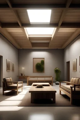 Crear un render de un espacio con cambio de escala y entradas no directas, que se sienta la tranquilidad pero mantenga una esencia mística, con un toque de educación, que contenga un mobiliario interesante y juegue con el cielo falso