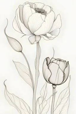 A ink drawing modern realism in fine line of a minimalist peony flower , a tulip and a poppy