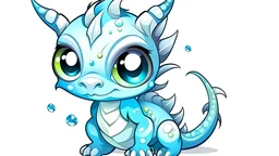 cartoon illustration: a cute little ice dragon with big shiny eyes and with crystal wings