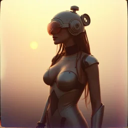 steampunk, vintage analog polaroid of a woman robot, sexy female body, fog, lomography, heavy film grain, sunset, color bleed, depth of field, bokeh, retro,