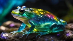 macro photo, a beautiful translucent glass dragon frog that glows within, glowing lights, beautiful waterfall , made out of multicolored transparent delicate glass, magical sparkles,vibrant whimsical colors