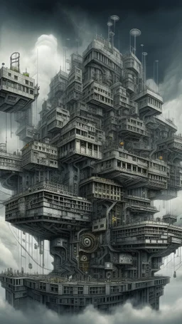 Synthography Art in Bocsh painting style generated Of a high rise permanent shape building with visual details of mechanical and electrical components and chips and components textures with gray clouds storm in the background