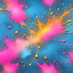 Hyper Realistic Sky-Blue, Pink, Golden, Silver Multicolor Pain-Splatter with glowing-embers Background