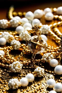 white and gold rosary with fancy background