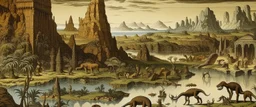 A brownish bronze prehistoric wasteland with dinosaurs, mammoths, and tar pits designed in ancient Roman mosaics painted by Utagawa Hiroshige