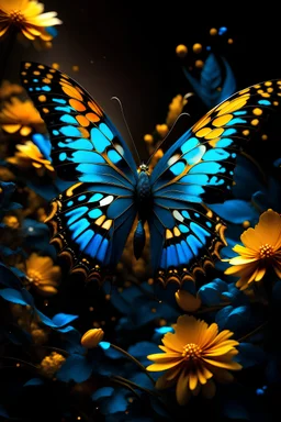 An image of a blue and black butterfly surrounded by golden flowers, glossy texture, creative, graffiti style, anime realism, golden markings on the butterfly