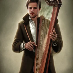 young man with harp, sweater, playing music