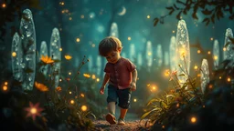 Un beau petit garçon erre dans son monde imaginaire enchanté, Parmi les merveilles, qu'il adore explorer. Nuit enchantée, plantes magiques, fontaines de lumière, lucioles dansantes, fées lumineuses. Ses rêves sont vastes, pleins de beauté, Chaque instant est un nouveau bonheur. Dans son univers, tout est merveilleux, Un monde imaginaire, tendre et lumineux. Bel éclairage, composition attrayante, photoréaliste, extrêmement détaillée, clair-obscur, règle des tiers. Photograph.