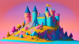 Pink, orange, yellow, dark blue and aqua blue castle on a hill, detailed