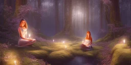 detailed beautiful european lady meditating at night with candles in an enchanted forest, fotorealistic, high quality, landscape, 17, chalice well