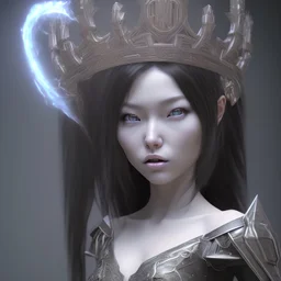 hitomi tanaka, long black hair, elemental face, Unreal Engine 5, highly detailed, highest quality, digital painting, complex 3d render, unreal engine render, insane detail, intricate photograph quality, magnificent, majestic, highly intricate, Realistic photography, grand hall, wicked throne, holding scepter, crown of barbwire, dark color palette, metallic, highly detailed, highest quality, digital painting