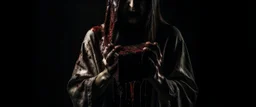 a faceless woman covered in blood holding up an empty black box