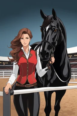 A portrait of a woman with long brown hair and red eyes in English riding gear standing with a black horse, dressage arena setting, modern, anime style