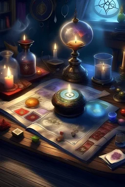 Na okrągłym stole magiczna księga, kostki do gry, wielki klucz, topiąca się świeca i kocioł z miksturą i parą, migocące tło, z przodu duże kolorowe karty do gry, obraz realistyczny