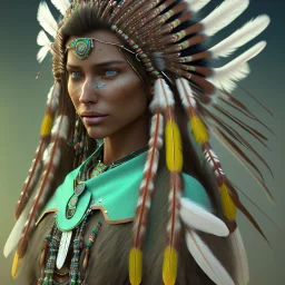 New Mexico pueblo Indian female, pueblo indian, 12k, ultra high definition, finely tuned detail, unreal engine 5, octane render, ultra realistic face, realistic headress, detailed make-up, green chile, zia, detailed turquoise jewelry, detailed hair, detailed feathers, green chile background