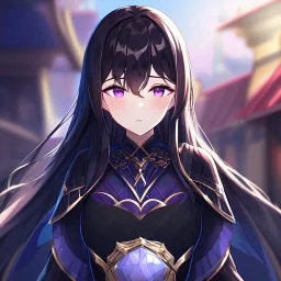 Clear focus,High resolution, Black long hair, Purple eyes, Wearing a goddess outfit, blurry background, a seductive look on her face