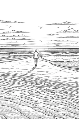 A solitary figure stands on an untouched, sandy beach, Footprints in the sand lead towards the horizon, symbolizing the freedom to explore and reflect in peaceful solitude.coloring book page, simple and clean line art, adult drawing book, black and white, crisp black lines, no shades, sharp lines, coloring book for adults, cartoon style, landscape