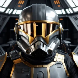 star wars bald male corellian pilot wearing dark gunmetal grey and black First Order special forces TIE pilot armored flightsuit and helmet with gold trim inside the jedi temple, centered head and shoulders portrait, hyperdetailed, dynamic lighting, hyperdetailed background, 8k resolution, volumetric lighting, light skin, fully symmetric details