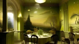 A pale greenish yellow starlight themed restaurant painted by Caspar David Friedrich