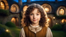 little young hobbit girl, beautiful, confident, calm, wise, happy, innocent, facing camera, head and shoulders, curly hair, hobbit clothing, perfect eyes, LOTR village, hobbit homes with circular windows and round doors, night scene, stars, fireflies, 16k artistic photography, exquisite composition, photorealistic concept art, soft natural volumetric light, chiaroscuro, award-winning photograph, masterpiece, style William-Adolphe Bouguereau