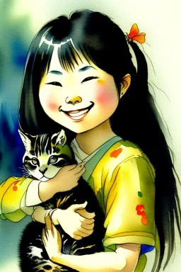 A cute smiling asian girl is holding a kitten. Watercolour