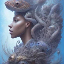 sango fantasy, fantasy magic, intricate, sharp focus, illustration, highly detailed, digital painting, concept art, matte, artgerm and paul lewin and kehinde wiley, masterpiece sexy lips Hawaiian afro lips black African lady body mermaid lionfish head blue space lady beach sea under water mermaid seaweed pyramid