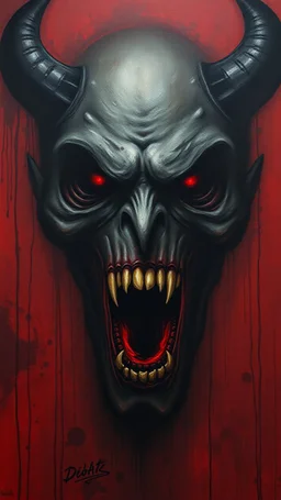 Bosch style painting , A shadow of a spirit inside an evil open mouth face in details on red bloody background