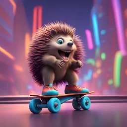A porcupine on roller skates rollerblading down a street full of colors, Pixar, Disney, concept art, 3d digital art, Maya 3D, ZBrush Central 3D shading, bright colored background, radial gradient background, cinematic, Reimagined by industrial light and magic, 4k resolution post processing