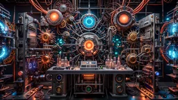 3D rendering of expressively detailed and intricate of a hyperrealistic electronics laboratory experiment: symmetric, front view, colorful paint, tribalism, steampunk, shamanism, cosmic fractals, dystopian, octane render, volumetric lighting, 8k post-production, detailed metallic objects, dendritic, artstation: award-winning: professional portrait: atmospheric: commanding: fantastical: clarity: 16k: ultra quality: striking: brilliance: stunning colors: amazing, beautiful, stunning composition