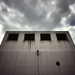 Fotografia di una struttura architettonica di cemento, probabilmente una parte di un edificio. L'immagine è in colori tenui, il che aggiunge una sensazione di austerità e desolazione. La parte superiore ha aperture rettangolari che sembrano finestre, mentre la parte inferiore mostra il muro con segni di deterioramento e fori. Il cielo sopra è scuro e minaccioso, con nuvole dense che danno drammaticità alla scena. Il contrasto tra il cemento grezzo e il cielo scuro suggerisce un'atmosfera fredda