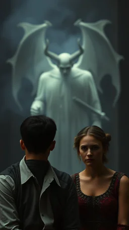 A man and a woman setting and a blurry ghostly vision of the devil standing behind