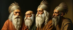 master oil painting by Rembrandt realistic rendering Portrait of the Apkallu sages who were sent by the god Ea to teach civilization to humanity before the flood. They were depicted as half-human and half-fish or bird, and were associated with wisdom, magic, and culture.
