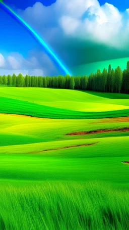 A green golf course with clovers and a rainbow painted by Claude Monet