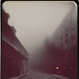 Dark street creepy fog figures colours strong texture artistic polaroid volumetric light tree nightmare Yves Tanguy