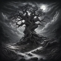 Natural portal, epic cinematic, breathtaking, intricate, insanely detailed hand drawing of dramatic storm clouds, dark night and bright moonlight on an aesthetically remarkable old oak tree tousled by the stream, a restless river, a winding path, mountains, in the style of Tomasz Allen Kopera, Dariusz Zawadzki, Andreja Peklar, Ivan Shiskin, Jean-Baptiste Monge, Rebecca Guay, breathtaking surreal landscape ​