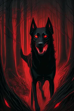 in the style of William Adolphe Bouguereau, a monstrous black hound with red, glowing eyes in a dark forest with a wicked grin