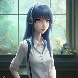 Anime girl studying in room, perfect face, window, nature, anime style, unreal engine 5, studio lighting --ar 2:1