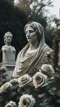 A grave with a statue of a woman behind it, and above it a white lace scarf and white roses. Cinematic picture