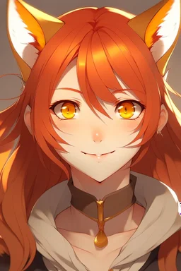 An anime adult female with red hair and gold eyes, fox ears