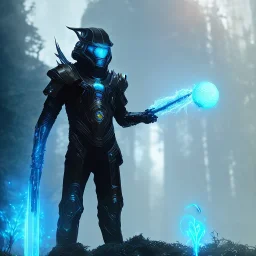 Medium shot Epic Character design, strong Alien Male galaxy void soldier wearing metal armor with glow, mist, photorealistic, octane render, unreal engine 5 style, ultra detailed, volumetric lighting, Dark Alien planet, wearing helmet with mask and holding a spiky futuristic simply detailed weapon