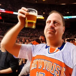 Tom Thibodeau drinking a big glass of beer in a Knicks jersey