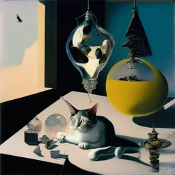 Abstract painting formed by a mix of human flesh-like surgical instruments and universe-like neuralink, a cat looking at a pigeon inside a huge bulb between light and shadow at dusk,surrealism,minimalism,Painting By Adrian Ghenie, Rene Magritte, Salvador Dali, Lucian Freud