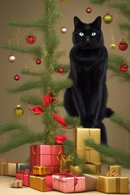 eine schwarze katze dekoriert einen christbaum in der küche