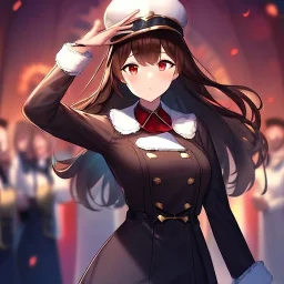 Clear Focus, High resolution, glowing red eyes, wearing a train conductor uniform, long dark brown hair, front hair is straight but the rest is fluffy, wearing a train conductor hat