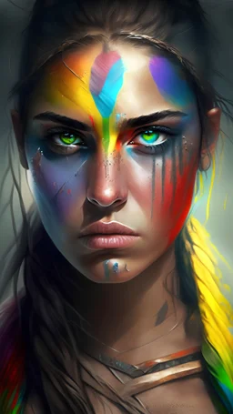 Beautiful girl with rainbow eyes, warrior, strong, sad, resilient, medium breasts.