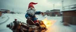close up on gnome hit man with rocket boots in suit on a mech sled doing jumping stunt in winter wasteland, style of fallout 4, high speed with motion blur, on elevated road, beard blown into his face