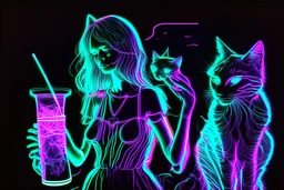 black background, outlines of a holographic girl with a cocktail and cats drawn from thin neon-coloured glowing lines