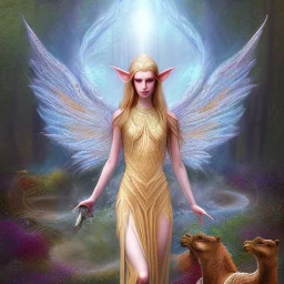 water color and spray painting fantasy art, portrait elven angel standing in portal to wet forest world from desert world with camels,poetry book illustration