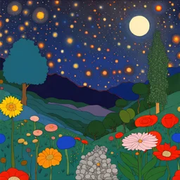 Colourful, peaceful, Max Ernst, Gustav Klimt, night sky filled with galaxies and stars, trees, rocks, giant flowers, one-line drawing, sharp focus, 8k, 3d